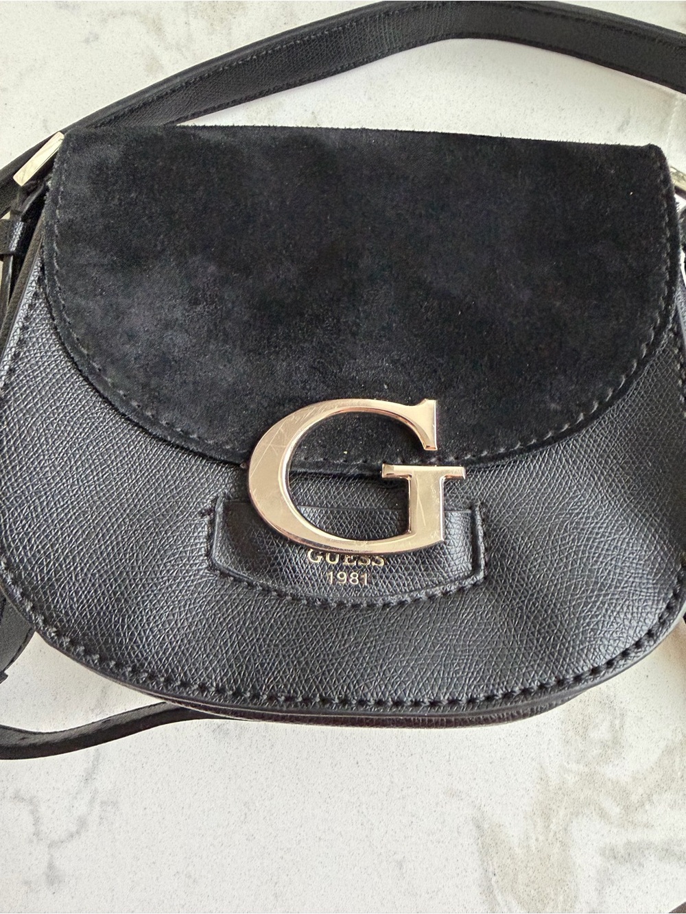 Guess Black Suede & Leather Crossbody with Gold G Accent